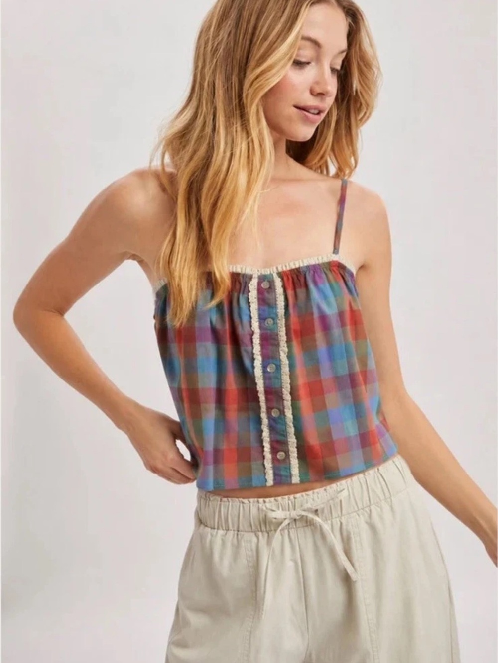 Wishlist Plaid Multicolor Lace Cami Cropped Tank Top Boho Summer Picnic Women’s